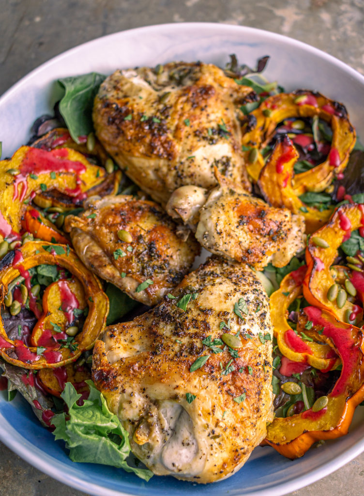 Roasted Chicken with Herb Butter and Squash Salad with Cranberry ...