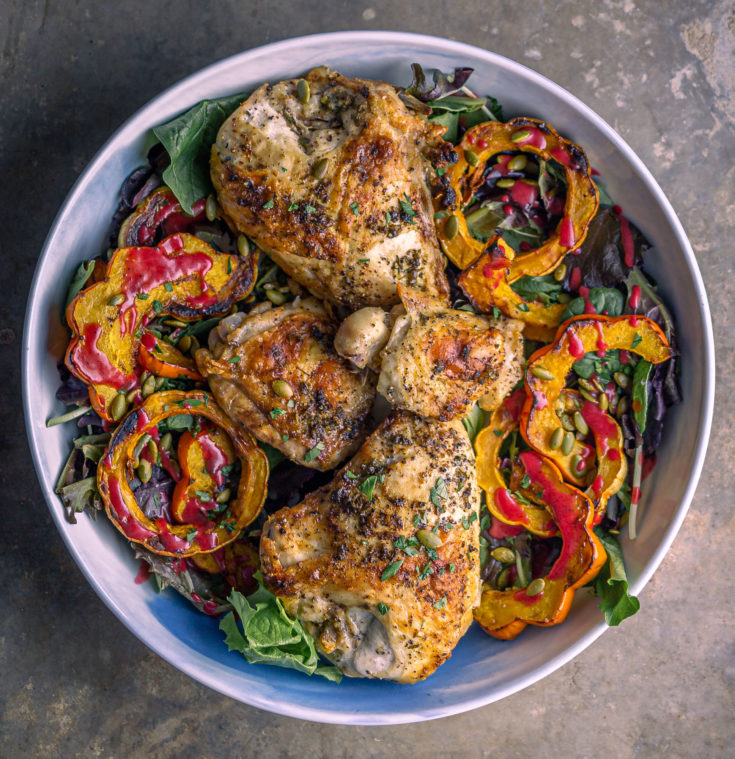 Roasted Chicken with Herb Butter and Squash Salad with Cranberry Vinaigrette